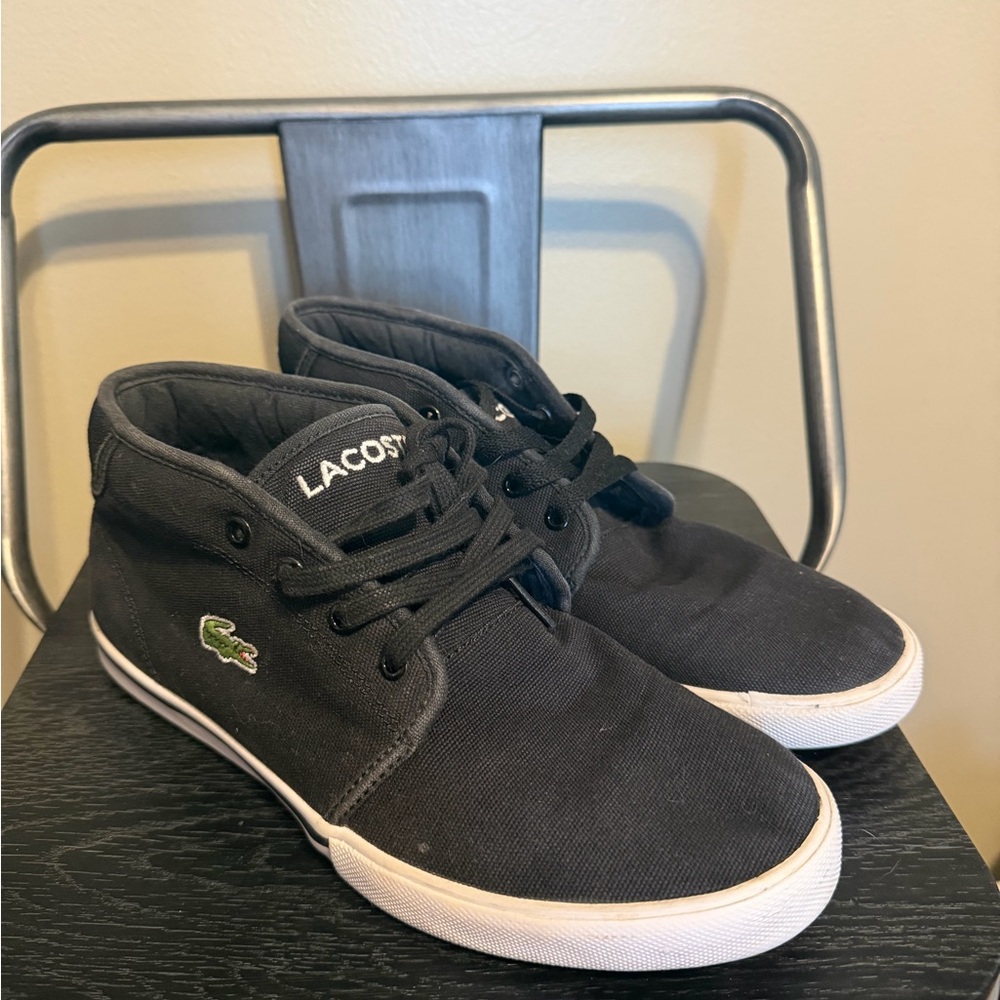 Lacoste Ampthill LCR2 Black Canvas Mid Top Sneakers Size 7.5 Red Sole